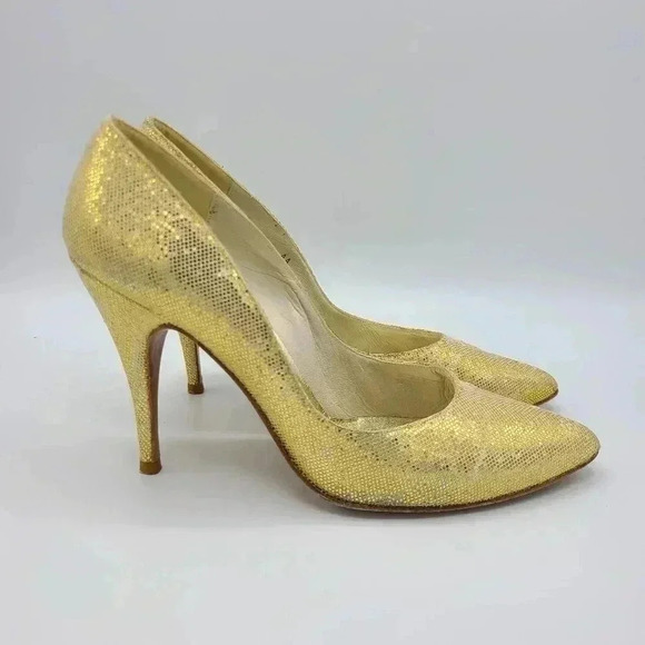 Vintage Stuart Weitzman Martinique Gold Glitter Pointed Toe Stiletto Heels 7.5 - Picture 2 of 16